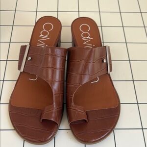 Calvin Klein Women's Croc-Embossed Brown Sandals